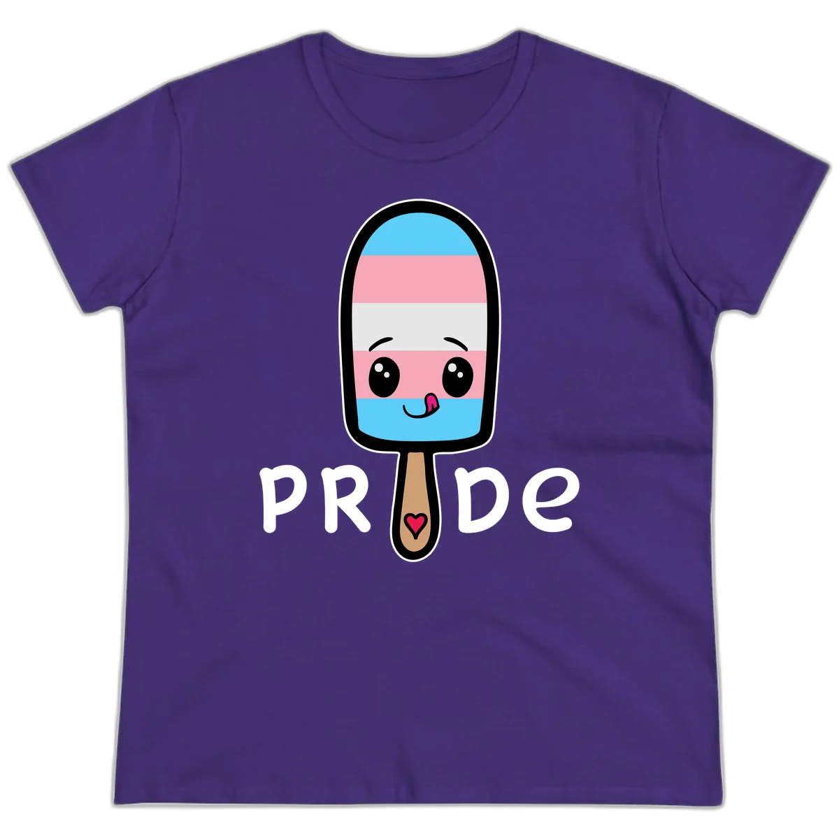 Cute rainbow popsicle with striped design and smiling face, labeled PRIDE with heart on stick in Purple