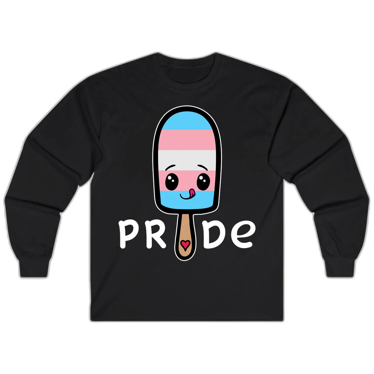 Cute rainbow popsicle with striped design and smiling face, labeled PRIDE with heart on stick in Black