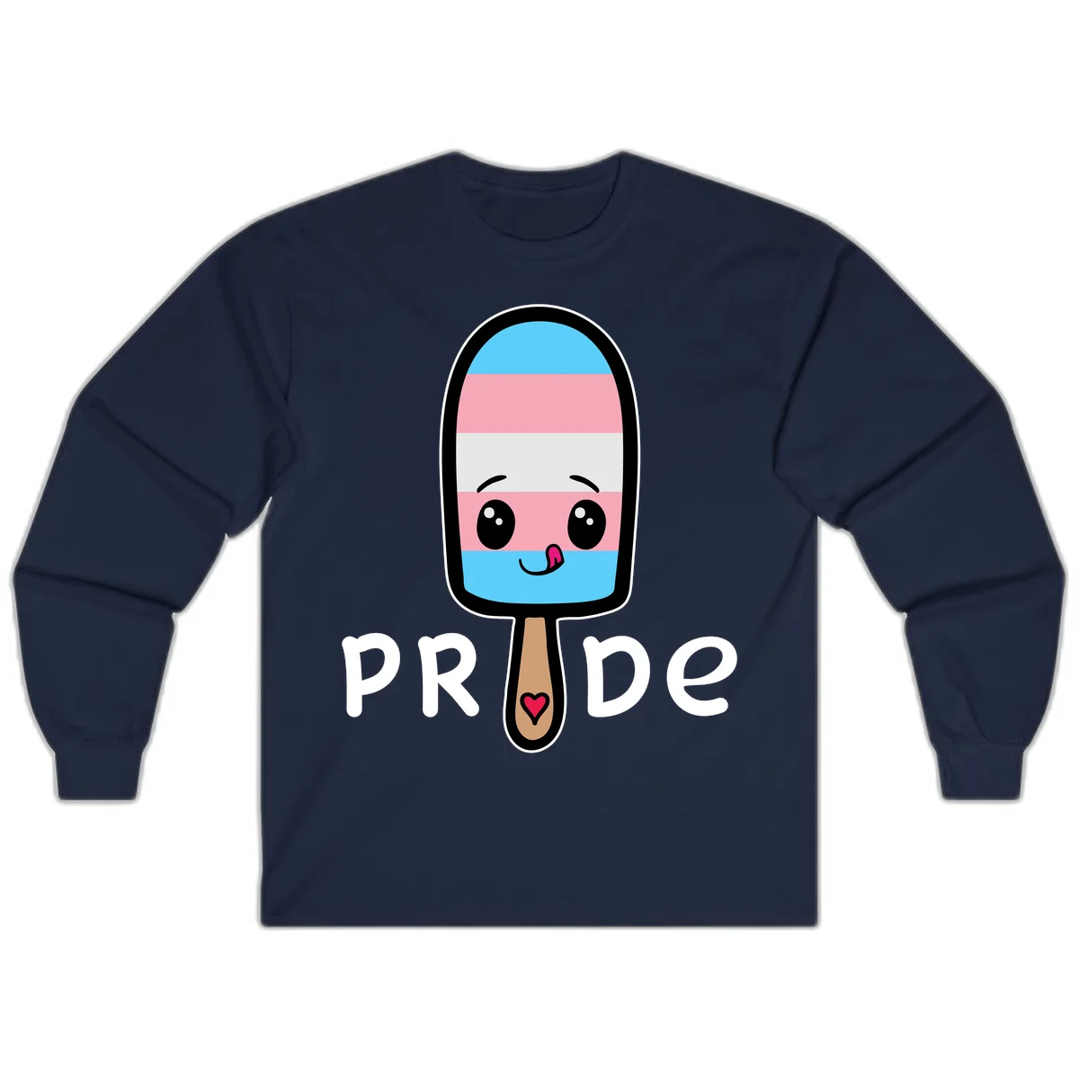 Cute rainbow popsicle with striped design and smiling face, labeled PRIDE with heart on stick in Navy