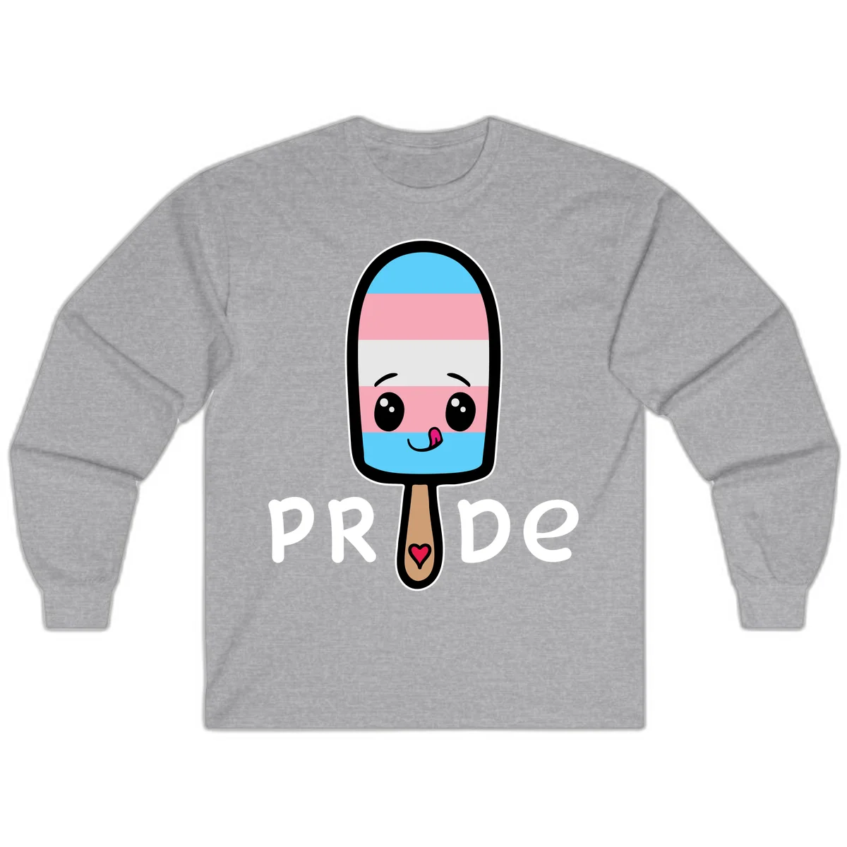 Cute rainbow popsicle with striped design and smiling face, labeled PRIDE with heart on stick in Sport Grey