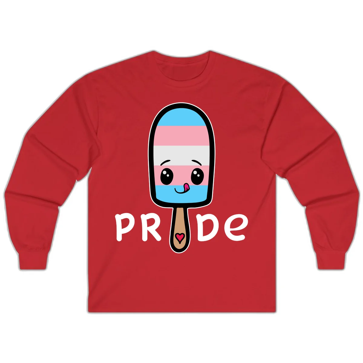 Cute rainbow popsicle with striped design and smiling face, labeled PRIDE with heart on stick in Red