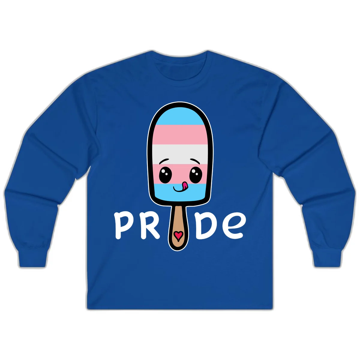 Cute rainbow popsicle with striped design and smiling face, labeled PRIDE with heart on stick in Royal