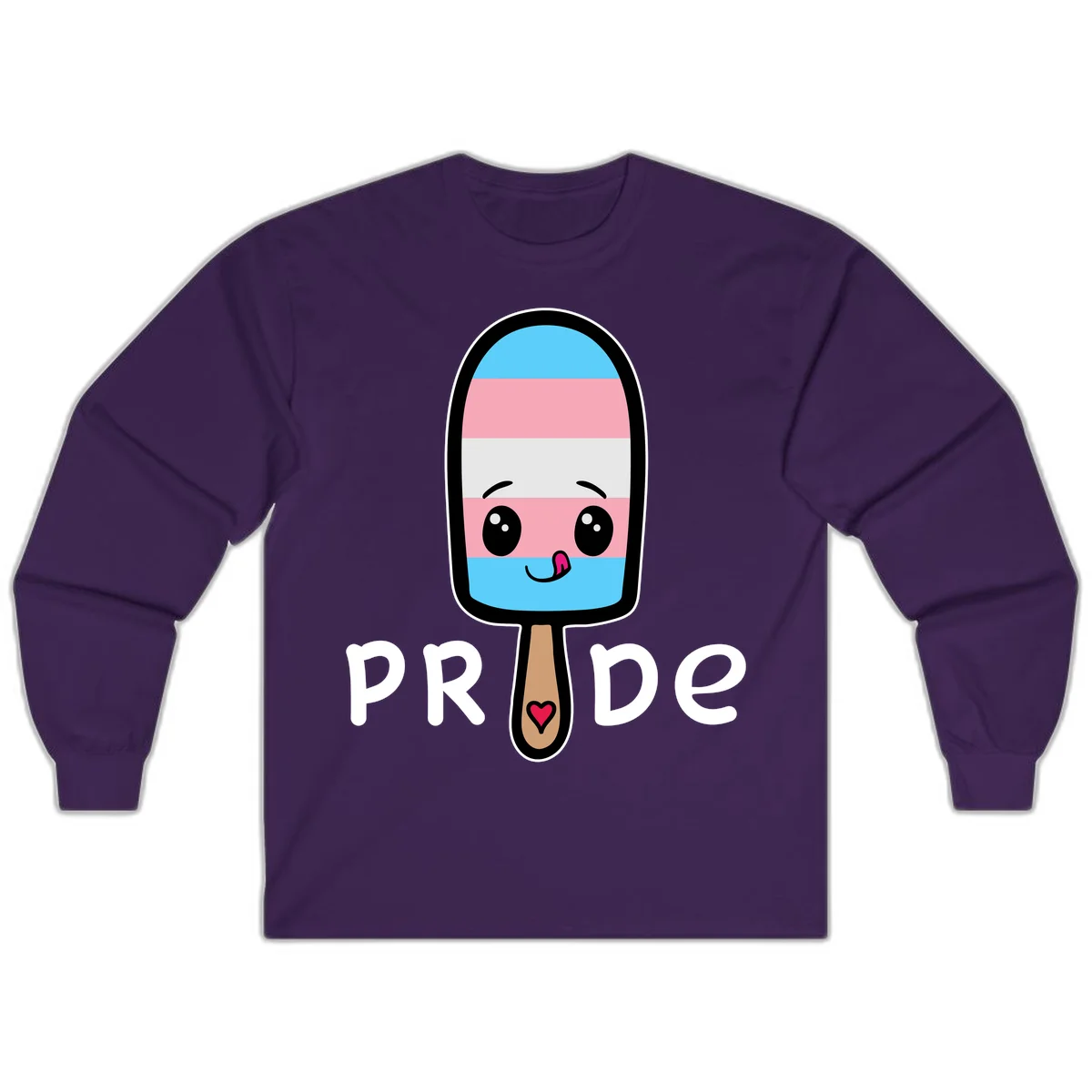 Cute rainbow popsicle with striped design and smiling face, labeled PRIDE with heart on stick in Purple