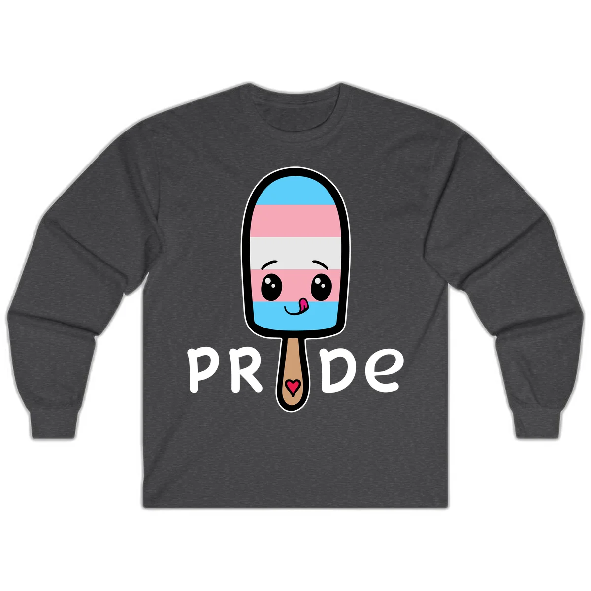 Cute rainbow popsicle with striped design and smiling face, labeled PRIDE with heart on stick in Dark Heather