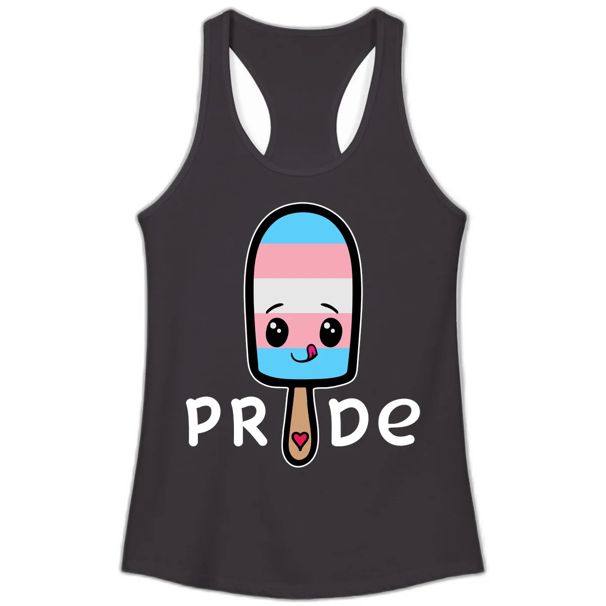 Cute rainbow popsicle with striped design and smiling face, labeled PRIDE with heart on stick in Black