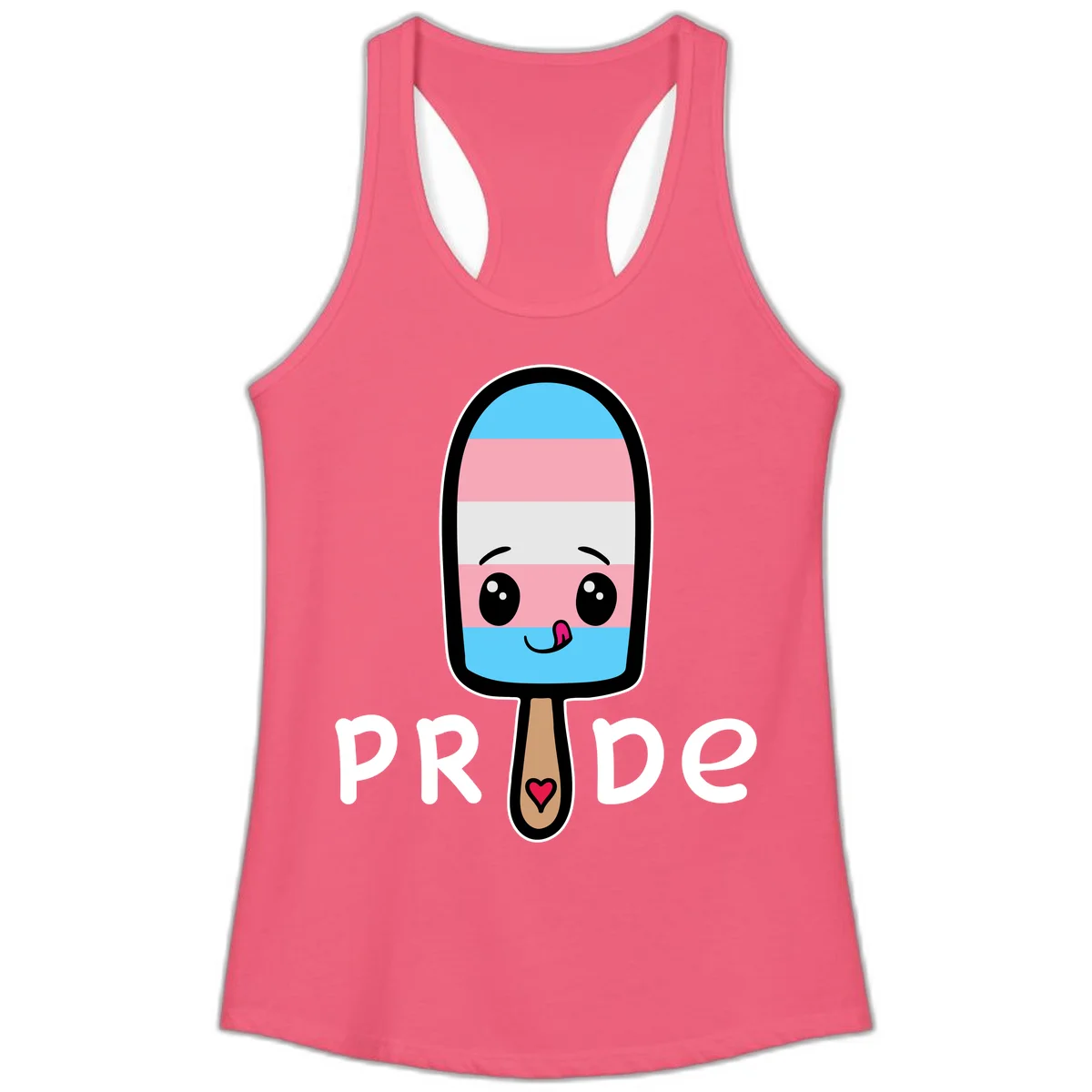 Cute rainbow popsicle with striped design and smiling face, labeled PRIDE with heart on stick in Hot Pink