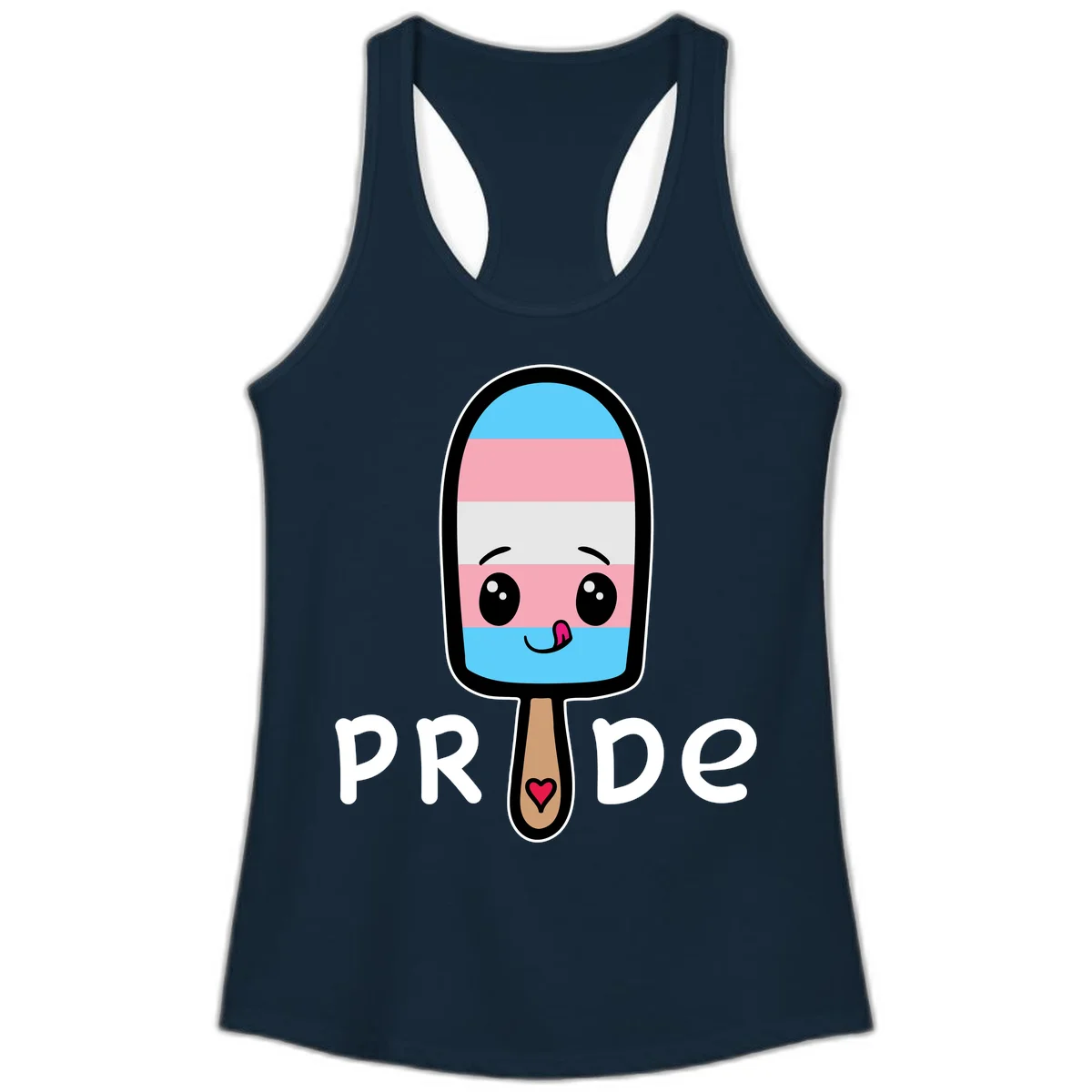 Cute rainbow popsicle with striped design and smiling face, labeled PRIDE with heart on stick in Solid Midnight Navy