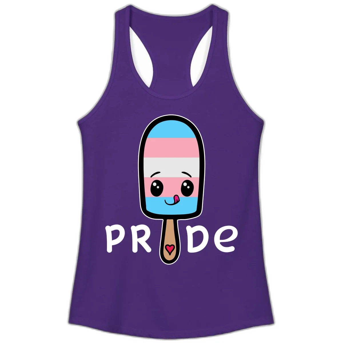 Cute rainbow popsicle with striped design and smiling face, labeled PRIDE with heart on stick in Solid Purple Rush