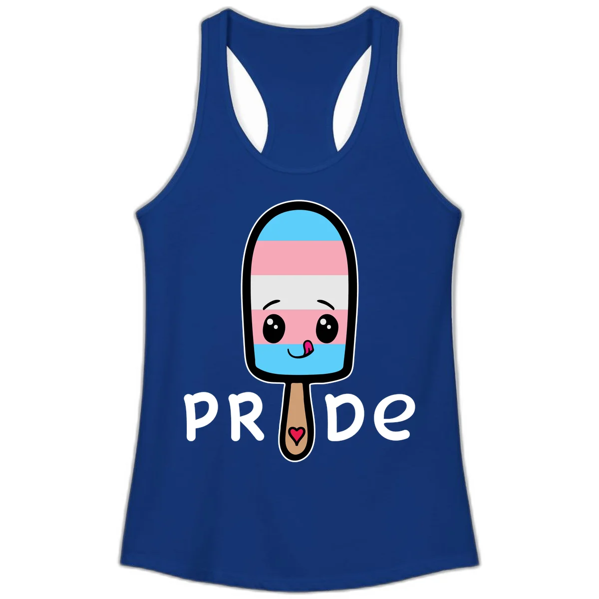 Cute rainbow popsicle with striped design and smiling face, labeled PRIDE with heart on stick in Solid Royal