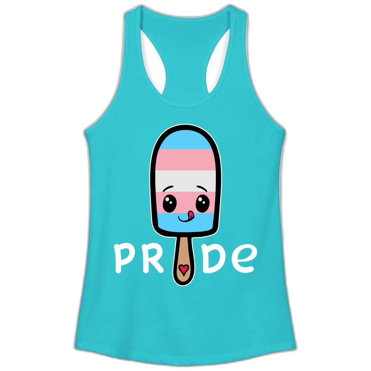 Cute rainbow popsicle with striped design and smiling face, labeled PRIDE with heart on stick in Solid Tahiti Blue