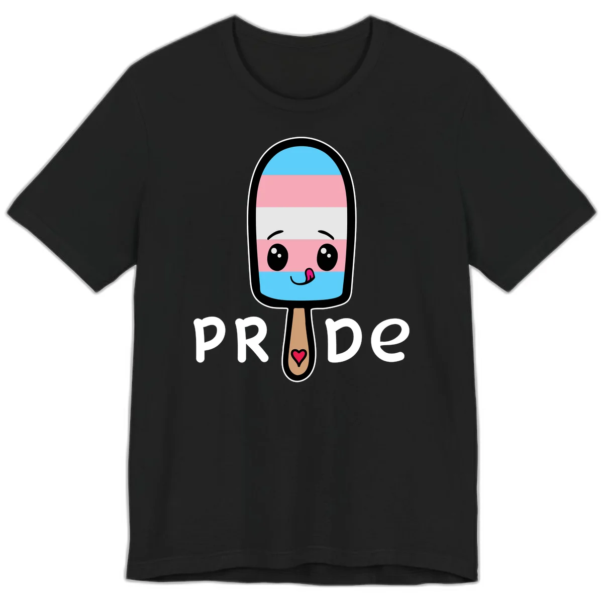 Cute rainbow popsicle with striped design and smiling face, labeled PRIDE with heart on stick in Black