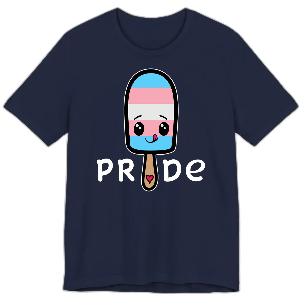 Cute rainbow popsicle with striped design and smiling face, labeled PRIDE with heart on stick in Navy