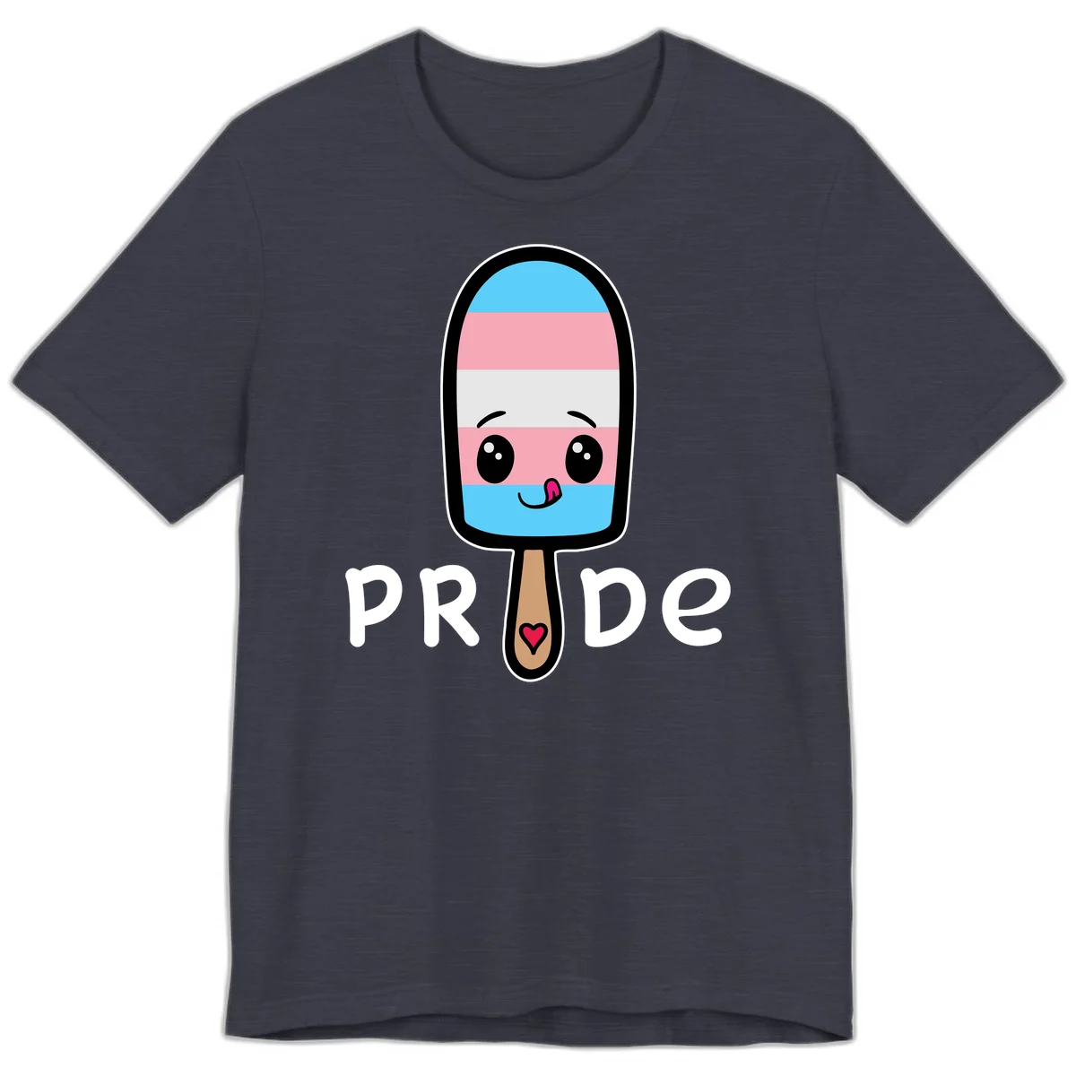 Cute rainbow popsicle with striped design and smiling face, labeled PRIDE with heart on stick in Heather Midnight Navy