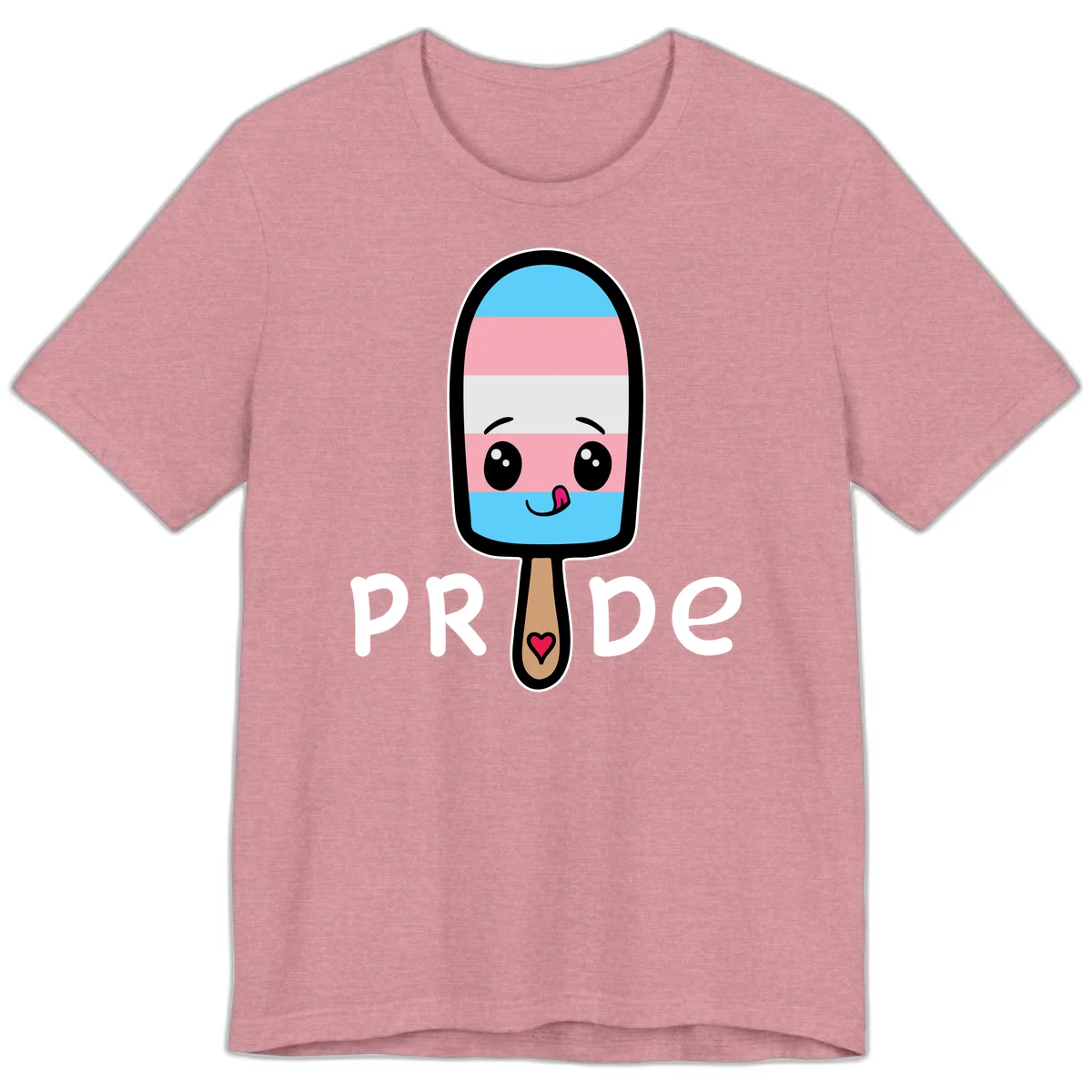Cute rainbow popsicle with striped design and smiling face, labeled PRIDE with heart on stick in Heather Orchid