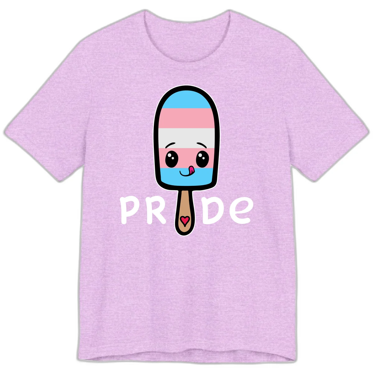 Cute rainbow popsicle with striped design and smiling face, labeled PRIDE with heart on stick in Heather Prism Lilac