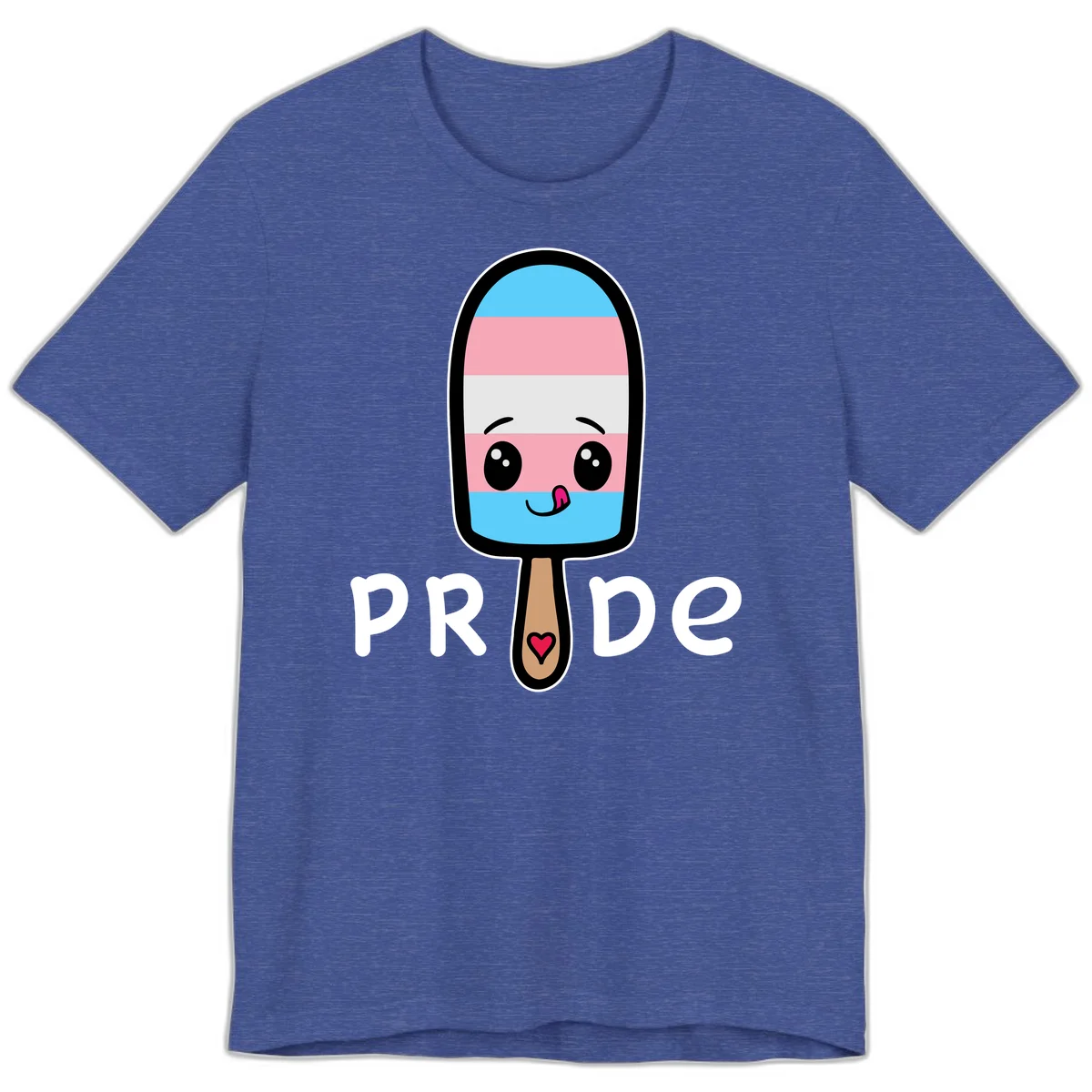 Cute rainbow popsicle with striped design and smiling face, labeled PRIDE with heart on stick in Heather True Royal
