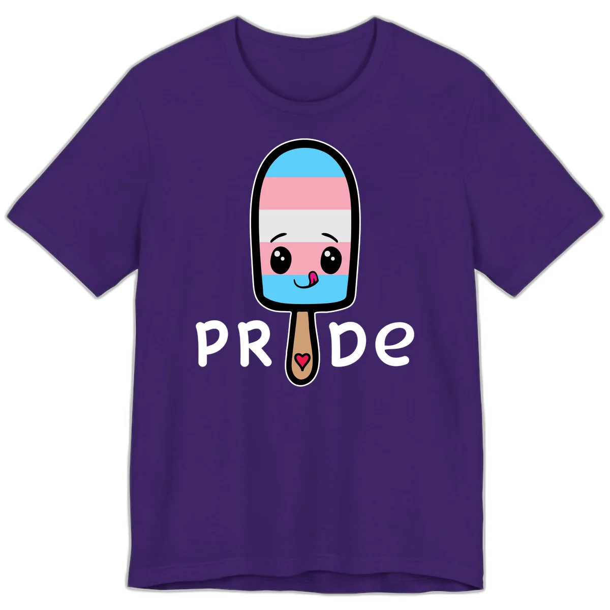 Cute rainbow popsicle with striped design and smiling face, labeled PRIDE with heart on stick in Team Purple