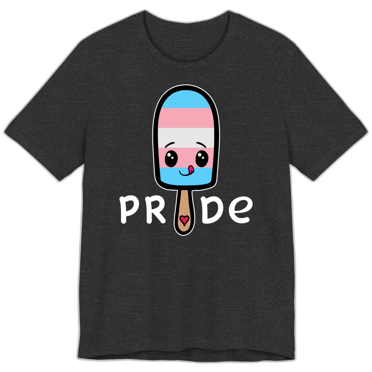 Cute rainbow popsicle with striped design and smiling face, labeled PRIDE with heart on stick in Dark Grey Heather