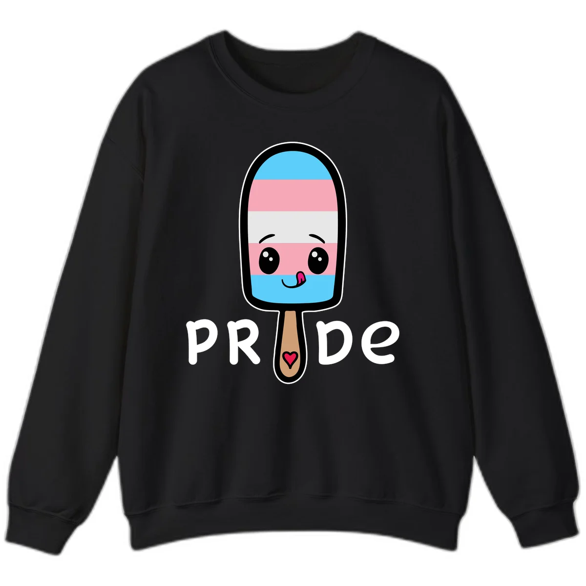 Cute rainbow popsicle with striped design and smiling face, labeled PRIDE with heart on stick in Black