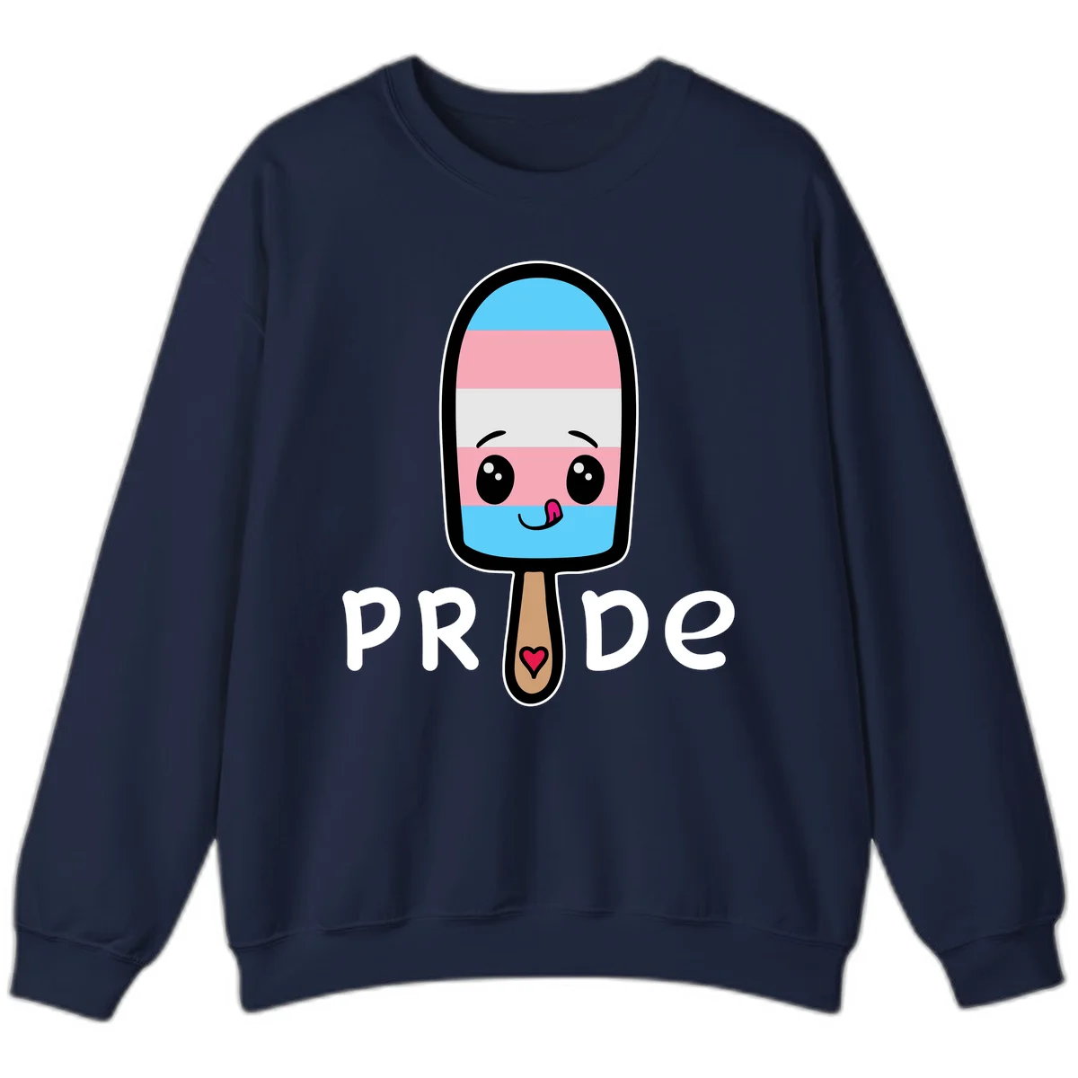 Cute rainbow popsicle with striped design and smiling face, labeled PRIDE with heart on stick in Navy