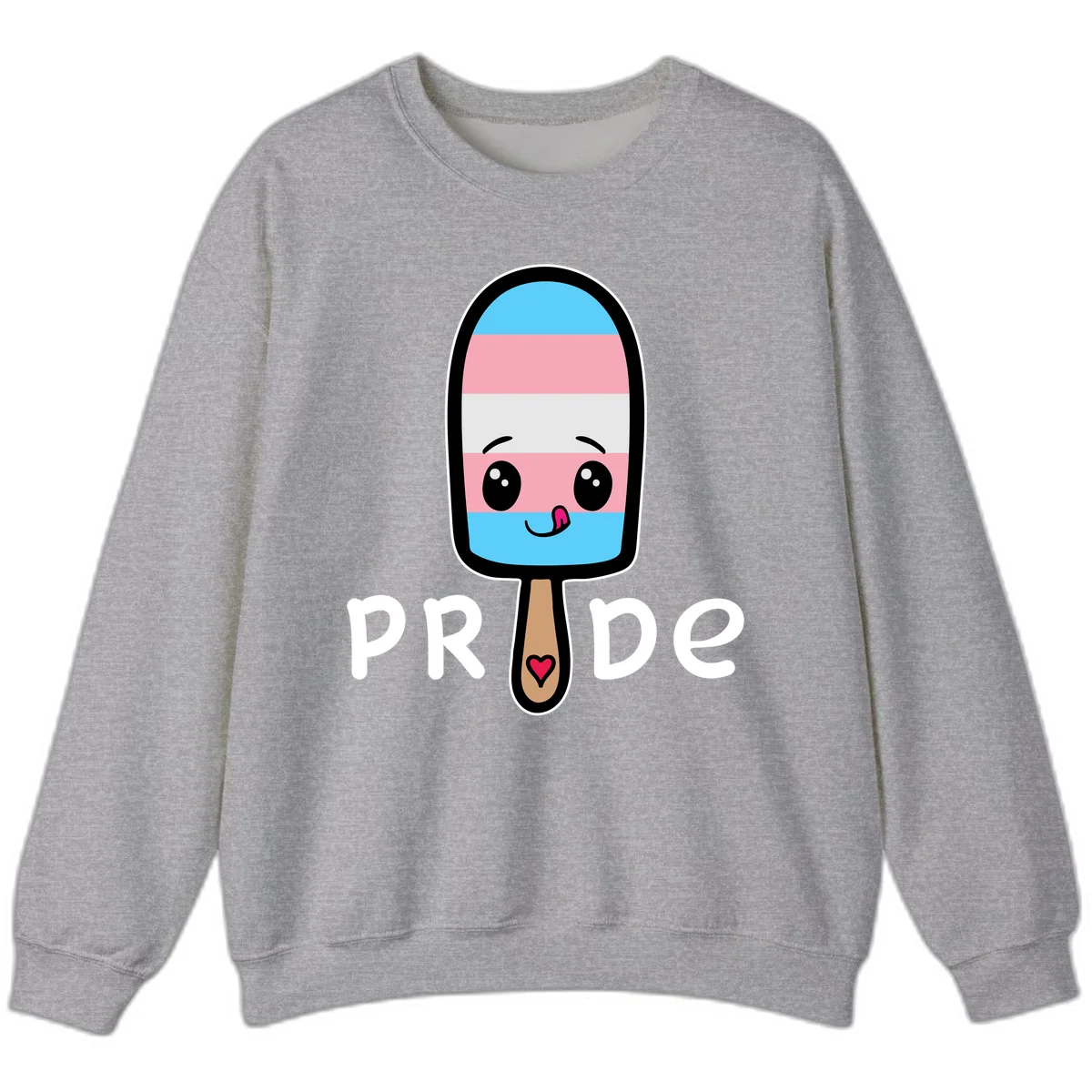 Cute rainbow popsicle with striped design and smiling face, labeled PRIDE with heart on stick in Sport Grey