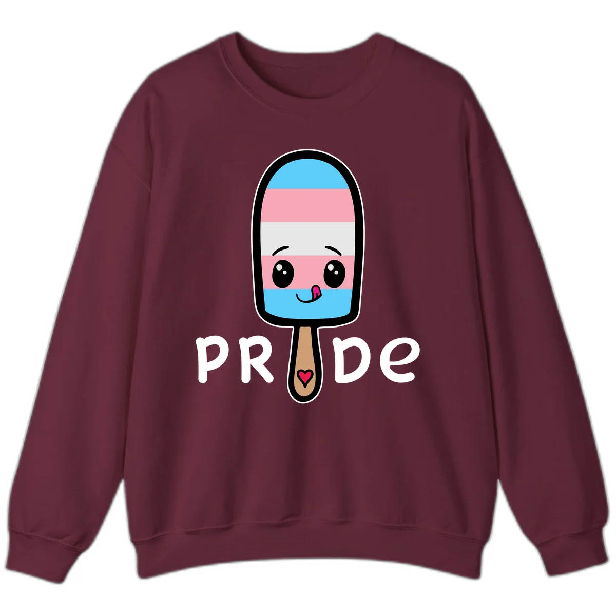 Cute rainbow popsicle with striped design and smiling face, labeled PRIDE with heart on stick in Maroon