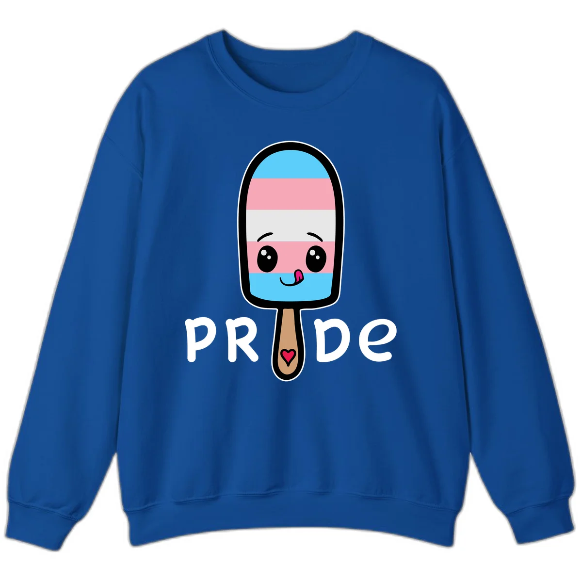 Cute rainbow popsicle with striped design and smiling face, labeled PRIDE with heart on stick in Royal