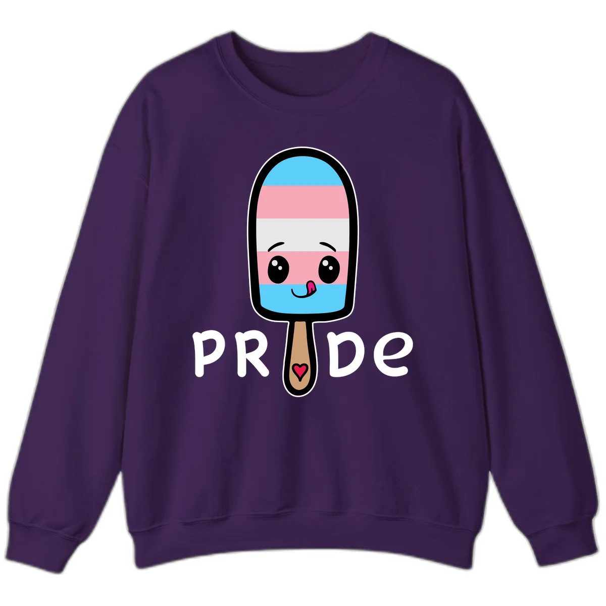 Cute rainbow popsicle with striped design and smiling face, labeled PRIDE with heart on stick in Purple