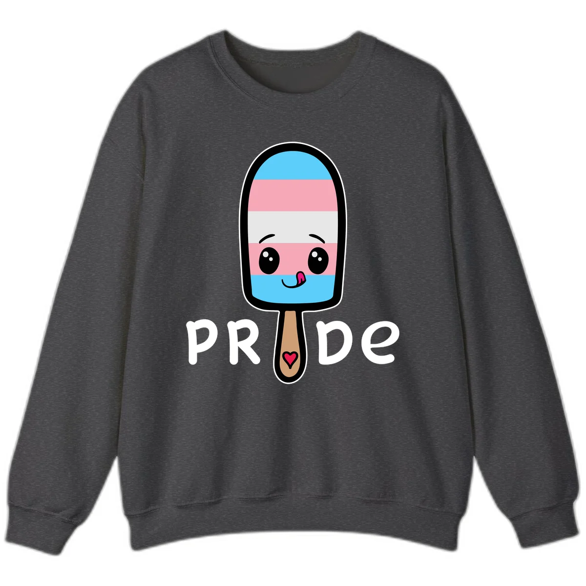 Cute rainbow popsicle with striped design and smiling face, labeled PRIDE with heart on stick in Dark Heather