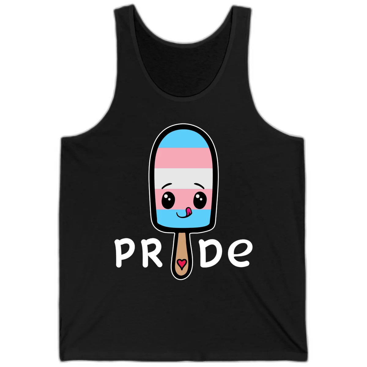 Cute rainbow popsicle with striped design and smiling face, labeled PRIDE with heart on stick in Black