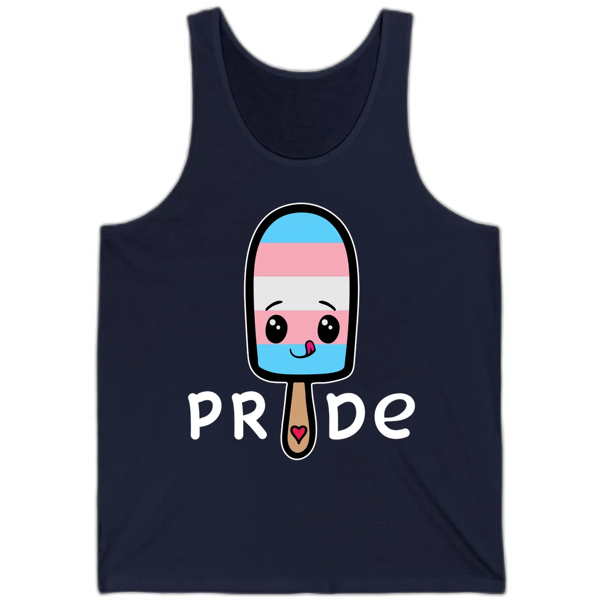 Cute rainbow popsicle with striped design and smiling face, labeled PRIDE with heart on stick in Navy