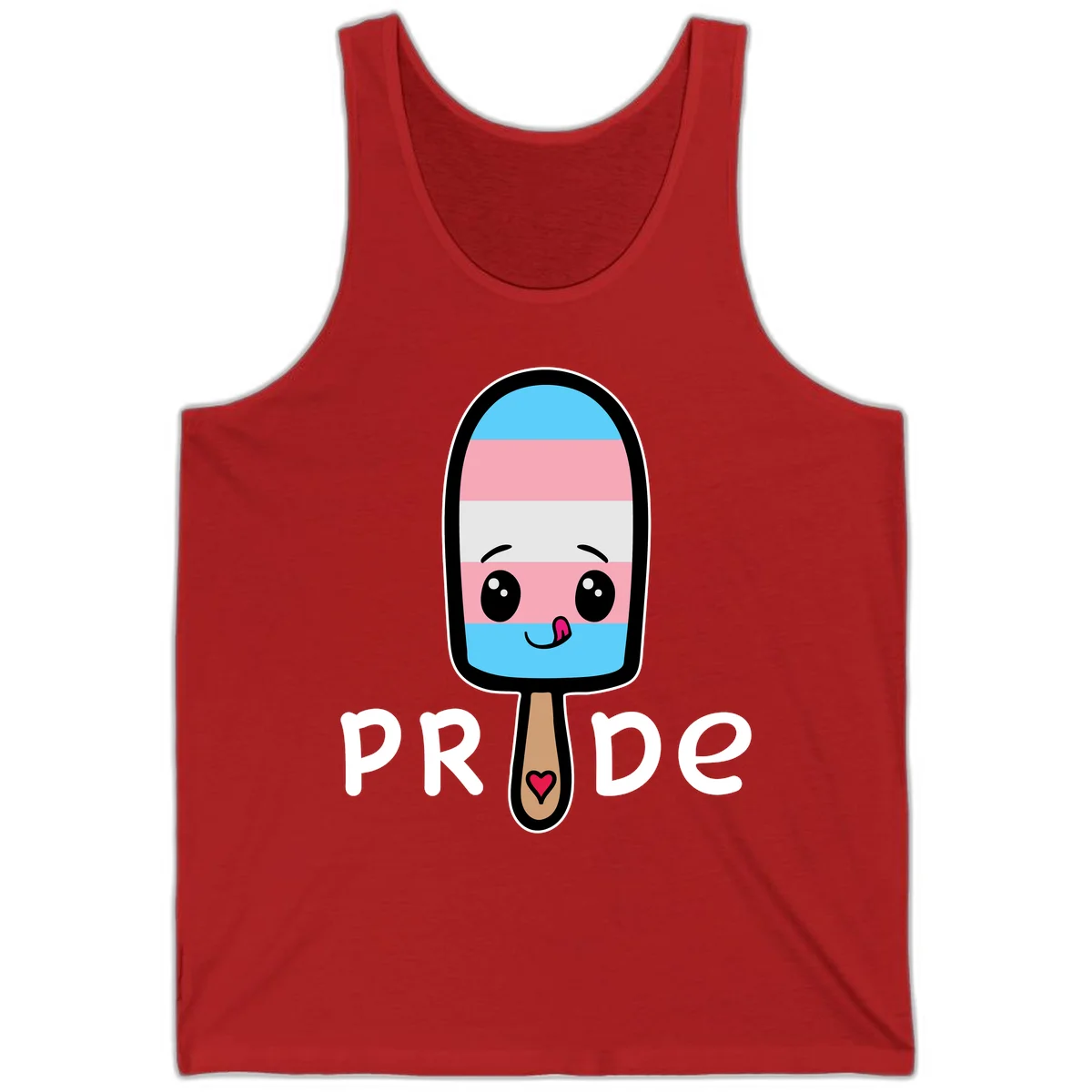 Cute rainbow popsicle with striped design and smiling face, labeled PRIDE with heart on stick in Red