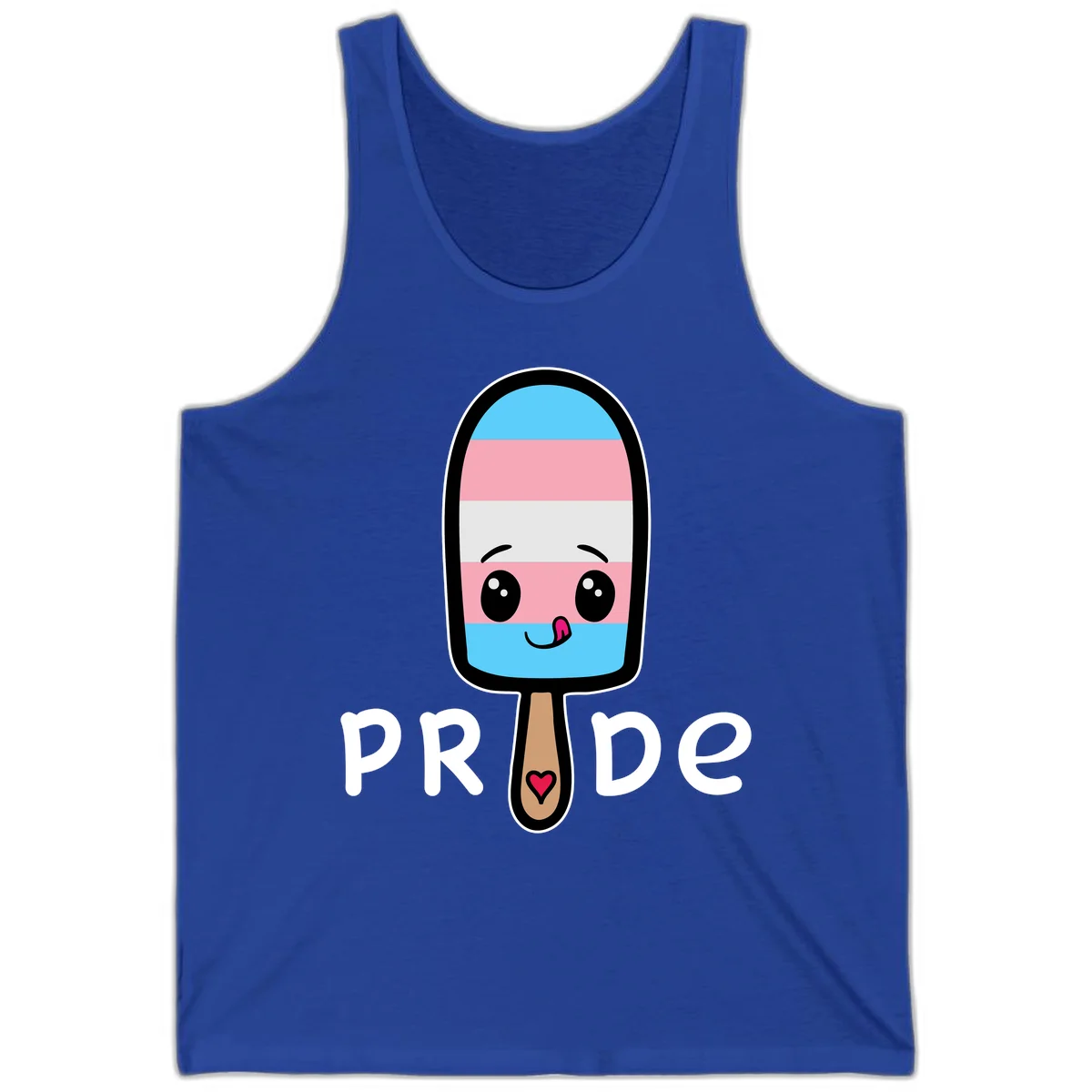 Cute rainbow popsicle with striped design and smiling face, labeled PRIDE with heart on stick in True Royal