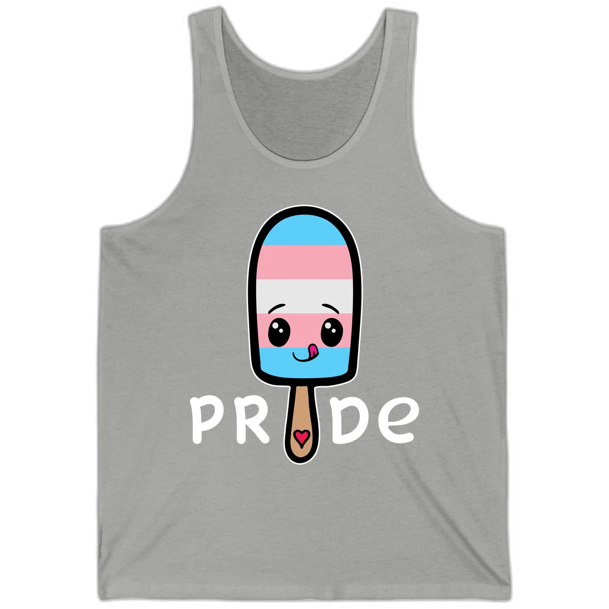 Cute rainbow popsicle with striped design and smiling face, labeled PRIDE with heart on stick in Athletic Heather