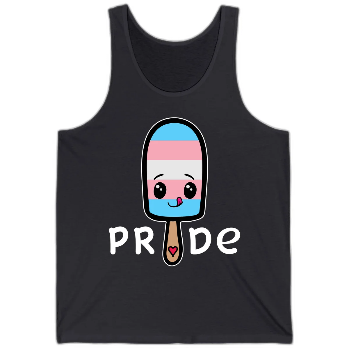 Cute rainbow popsicle with striped design and smiling face, labeled PRIDE with heart on stick in Dark Grey