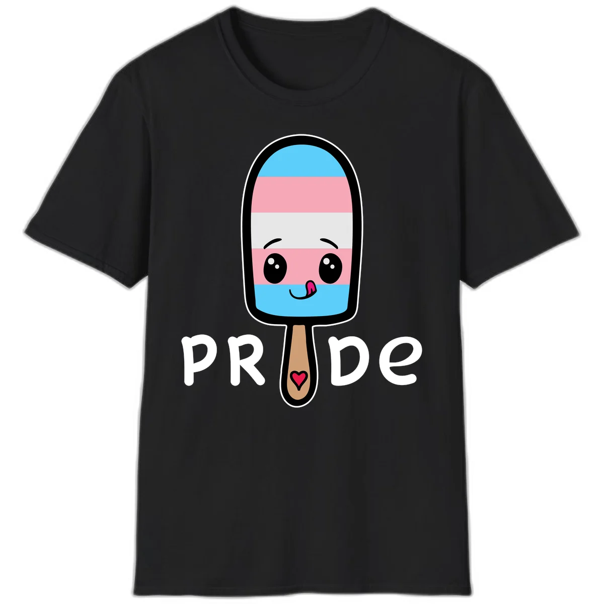 Cute rainbow popsicle with striped design and smiling face, labeled PRIDE with heart on stick in Black