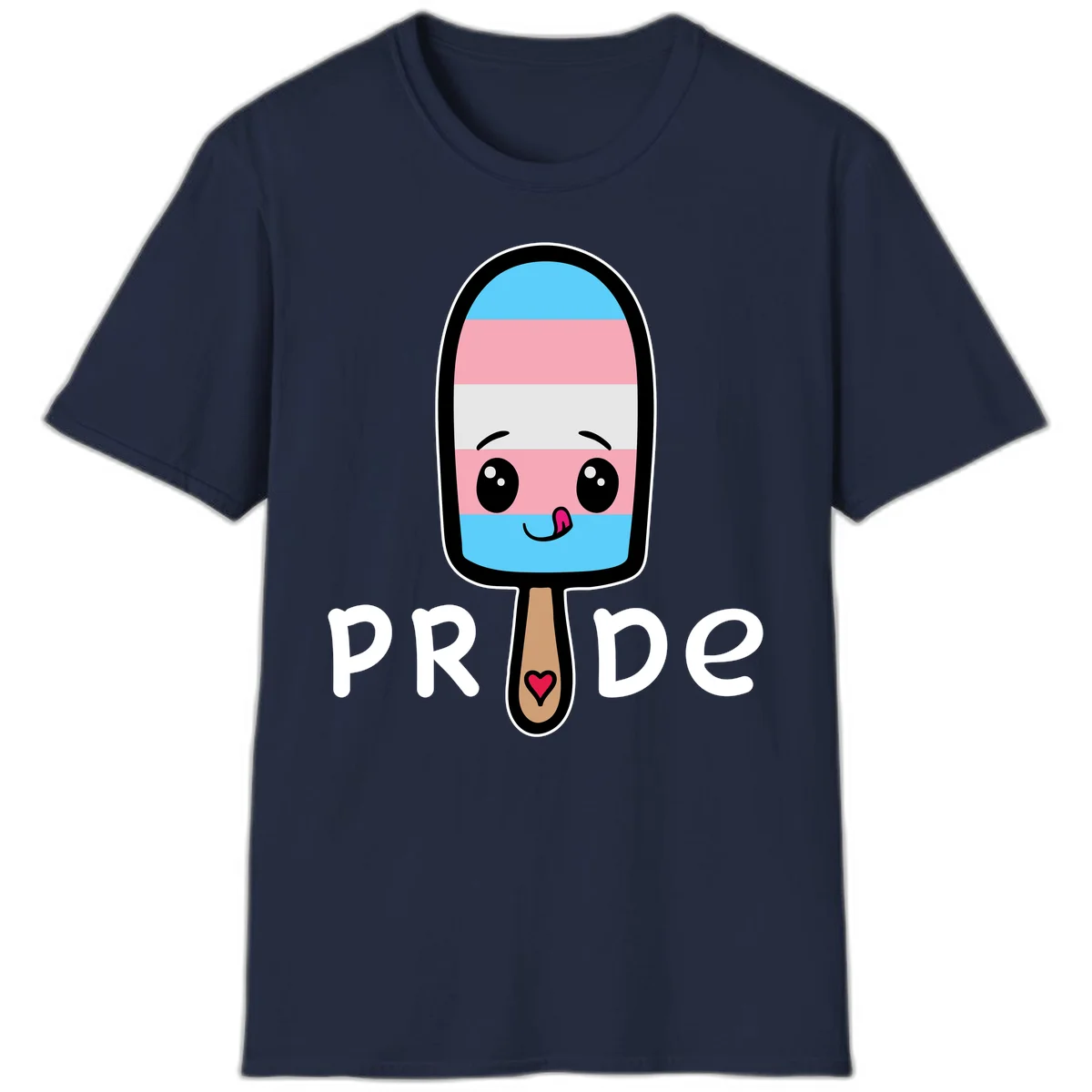 Cute rainbow popsicle with striped design and smiling face, labeled PRIDE with heart on stick in Navy