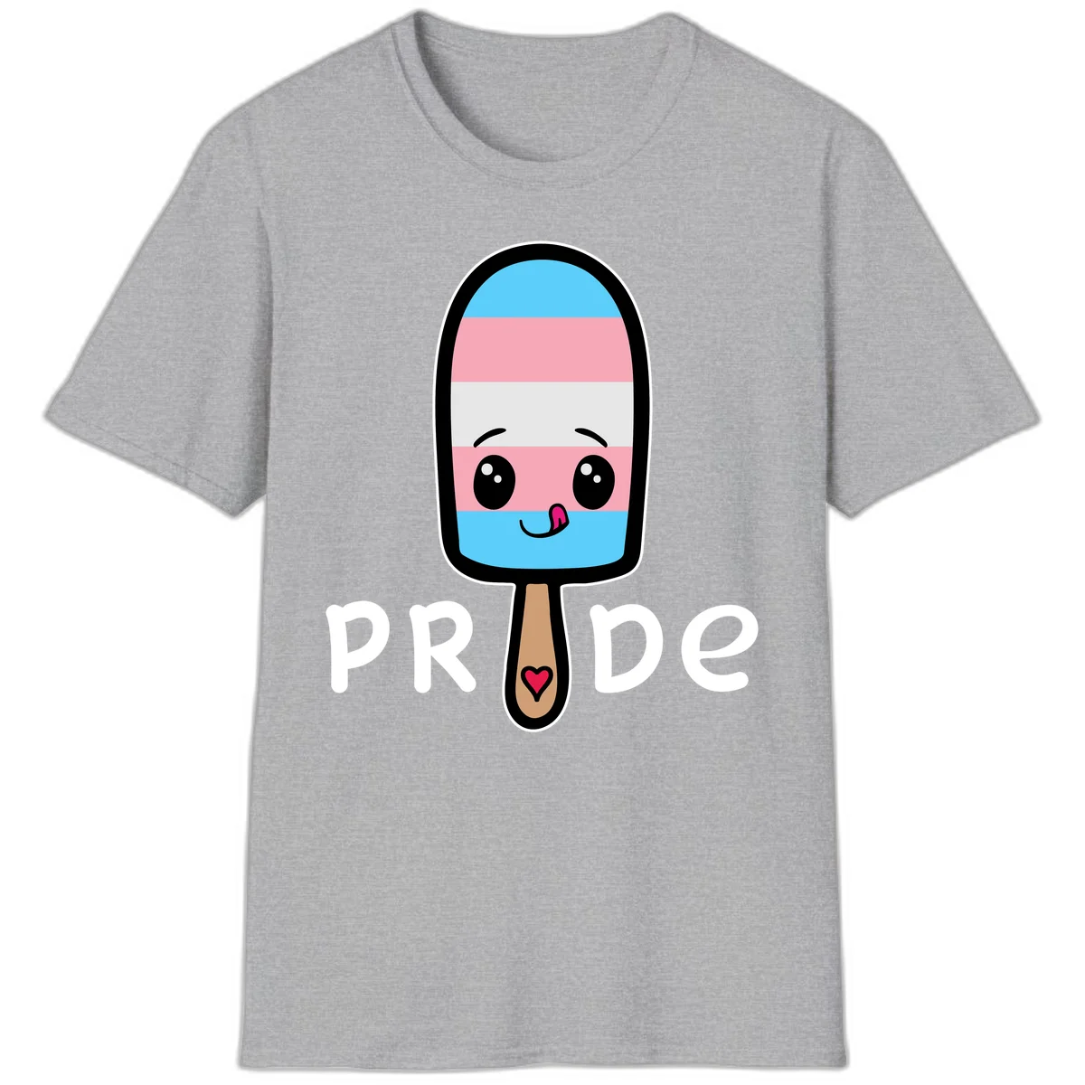 Cute rainbow popsicle with striped design and smiling face, labeled PRIDE with heart on stick in Sport Grey