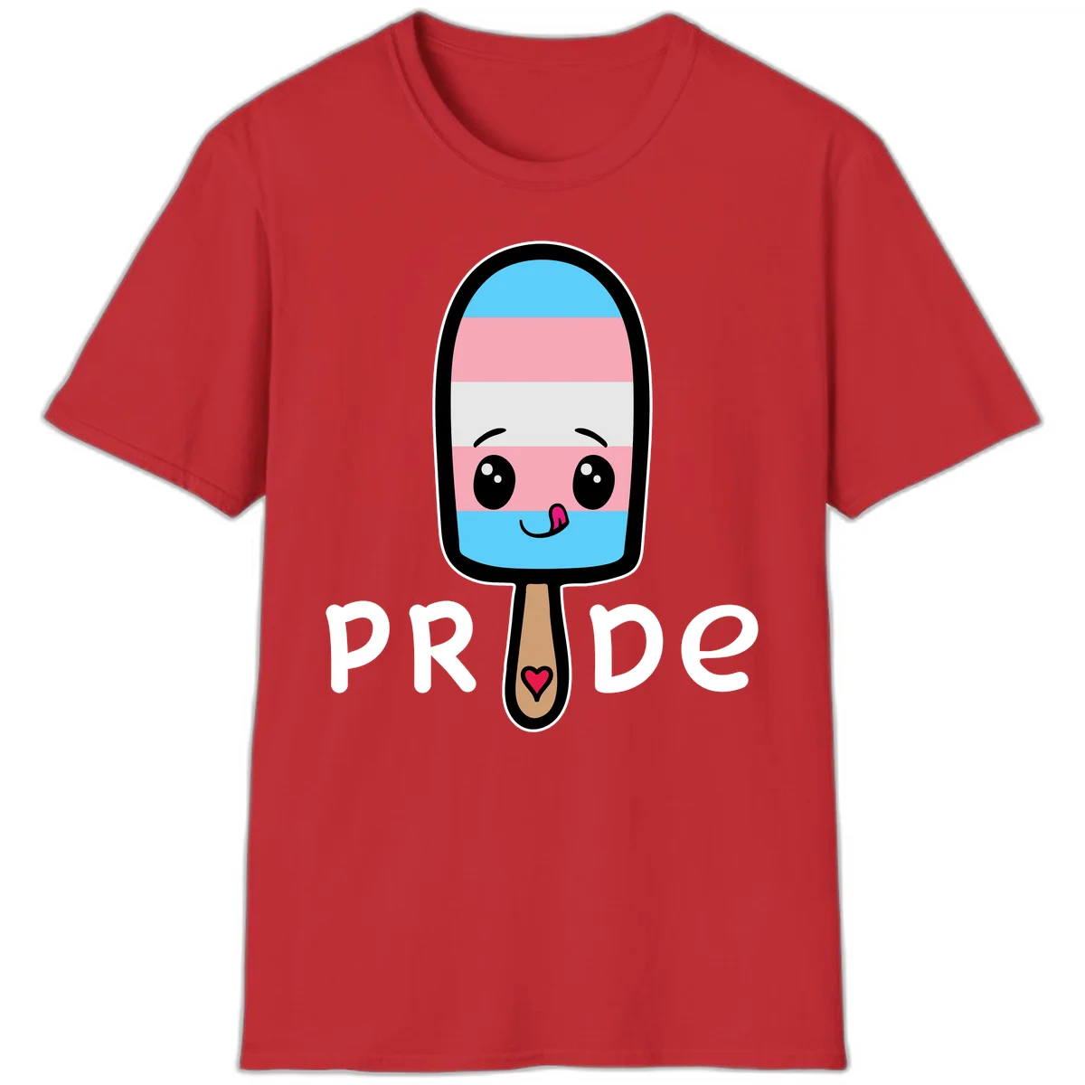 Cute rainbow popsicle with striped design and smiling face, labeled PRIDE with heart on stick in Red