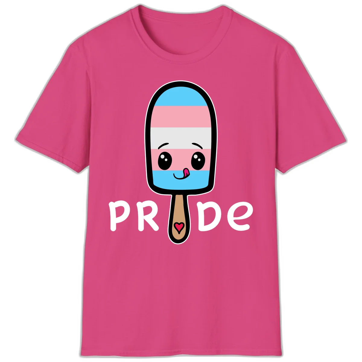 Cute rainbow popsicle with striped design and smiling face, labeled PRIDE with heart on stick in Heliconia