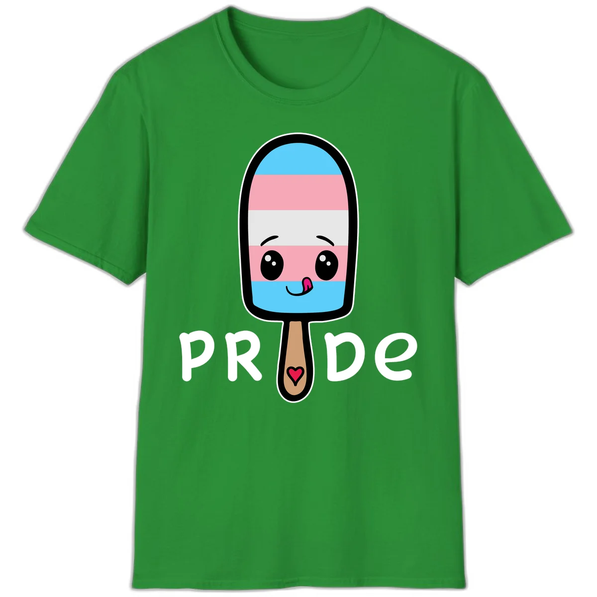 Cute rainbow popsicle with striped design and smiling face, labeled PRIDE with heart on stick in Irish Green