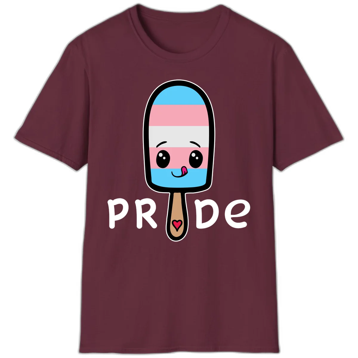Cute rainbow popsicle with striped design and smiling face, labeled PRIDE with heart on stick in Maroon