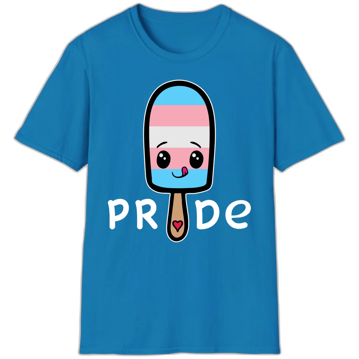 Cute rainbow popsicle with striped design and smiling face, labeled PRIDE with heart on stick in Sapphire