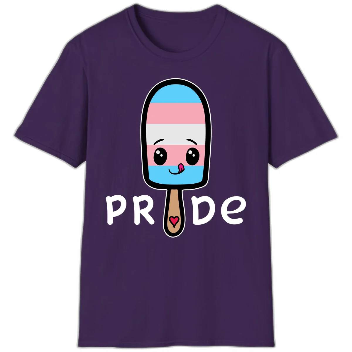 Cute rainbow popsicle with striped design and smiling face, labeled PRIDE with heart on stick in Purple