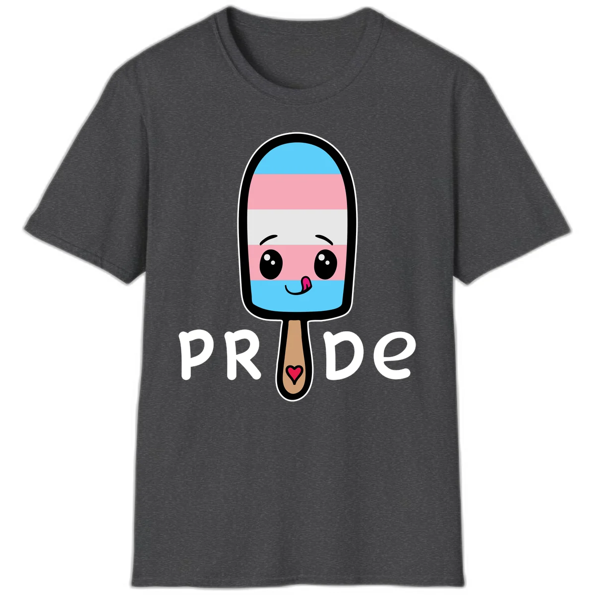 Cute rainbow popsicle with striped design and smiling face, labeled PRIDE with heart on stick in Dark Heather