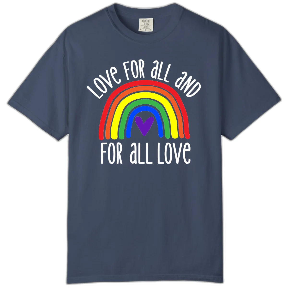 Rainbow with purple heart center and 'Love For All And For All Love' text - pride design in Midnight