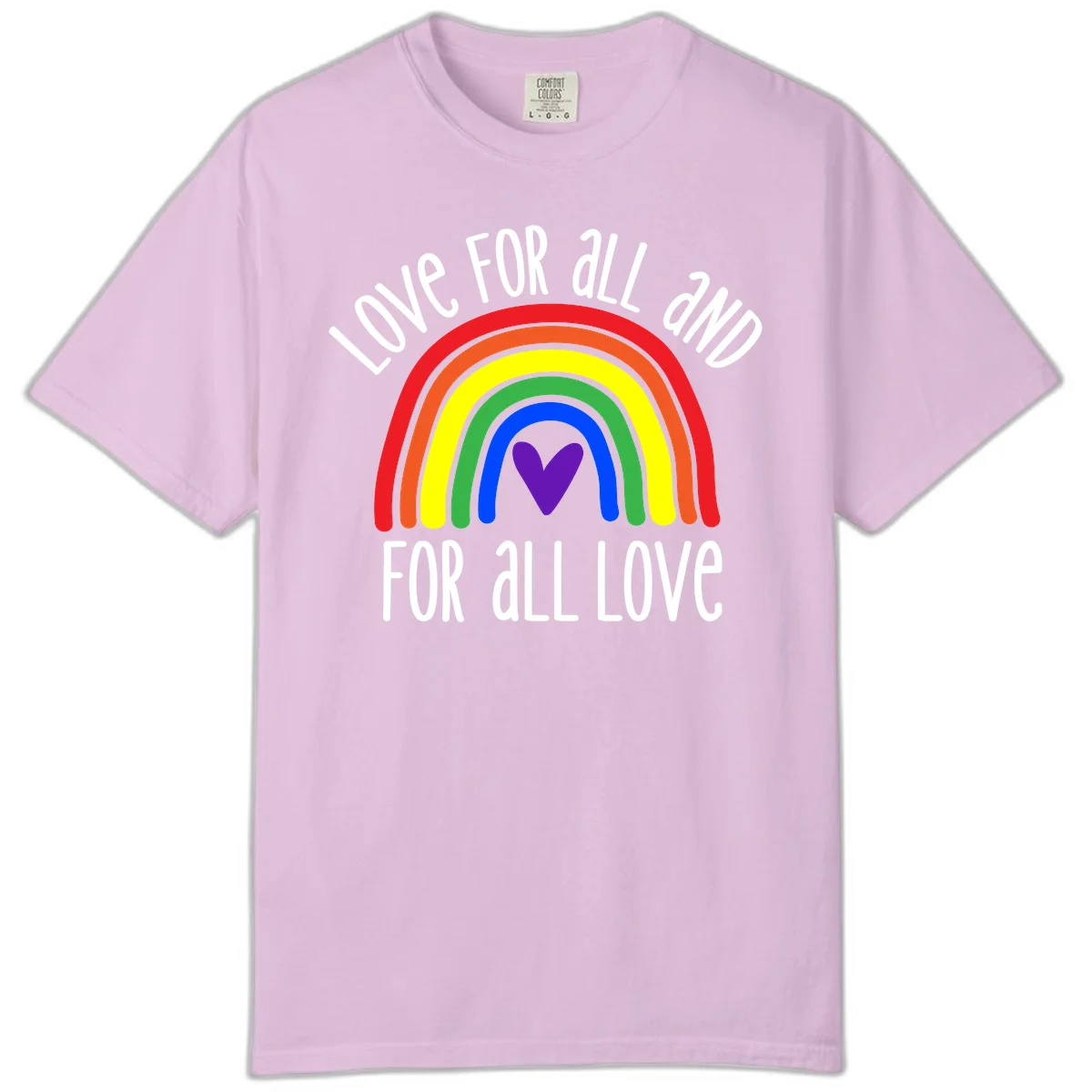 Rainbow with purple heart center and 'Love For All And For All Love' text - pride design in Orchid