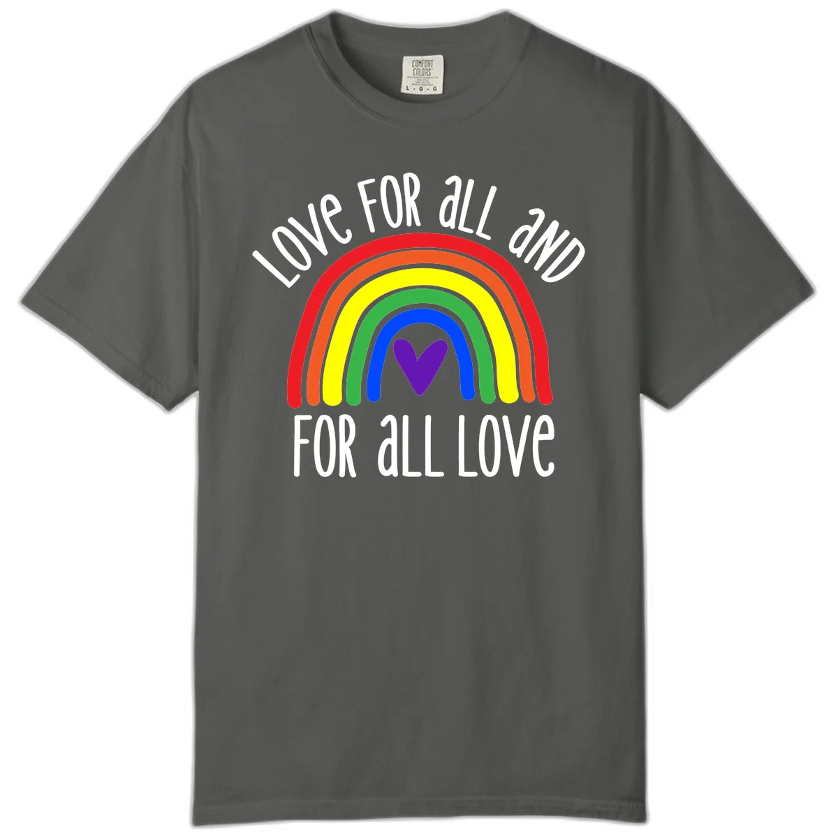 Rainbow with purple heart center and 'Love For All And For All Love' text - pride design in Pepper