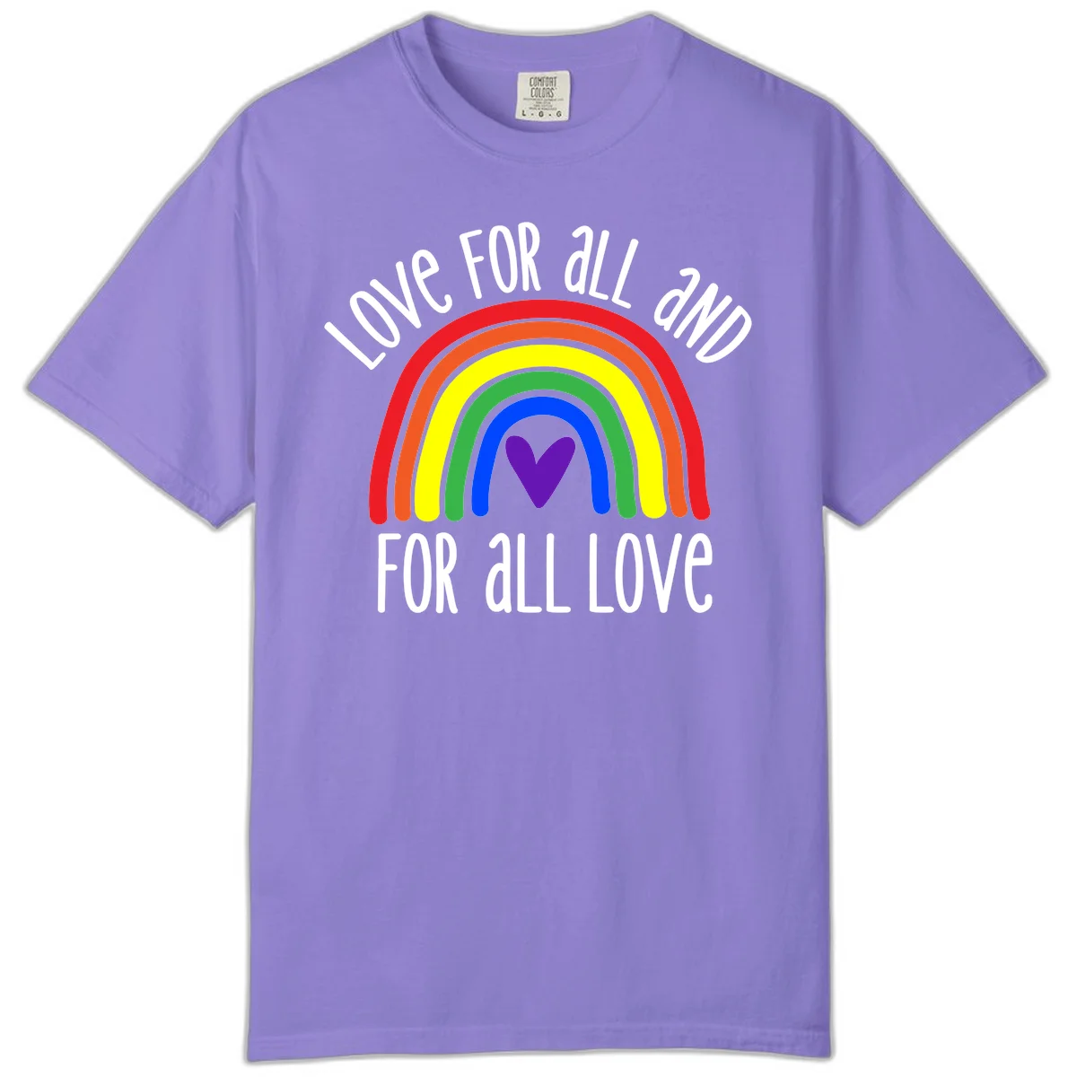 Rainbow with purple heart center and 'Love For All And For All Love' text - pride design in Violet