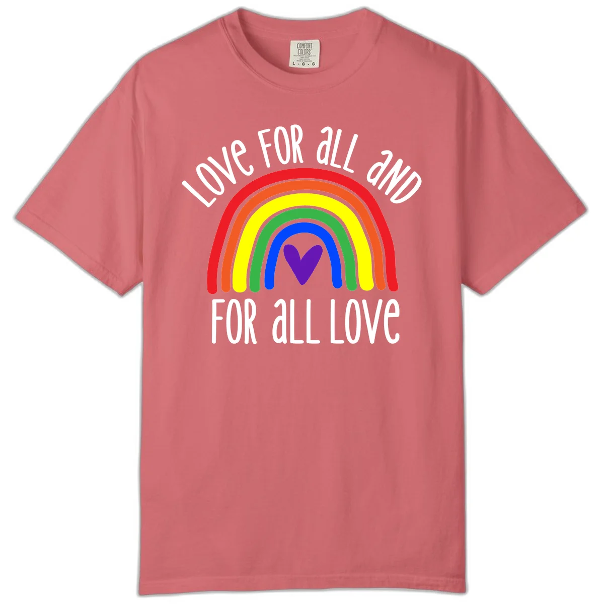 Rainbow with purple heart center and 'Love For All And For All Love' text - pride design in Watermelon